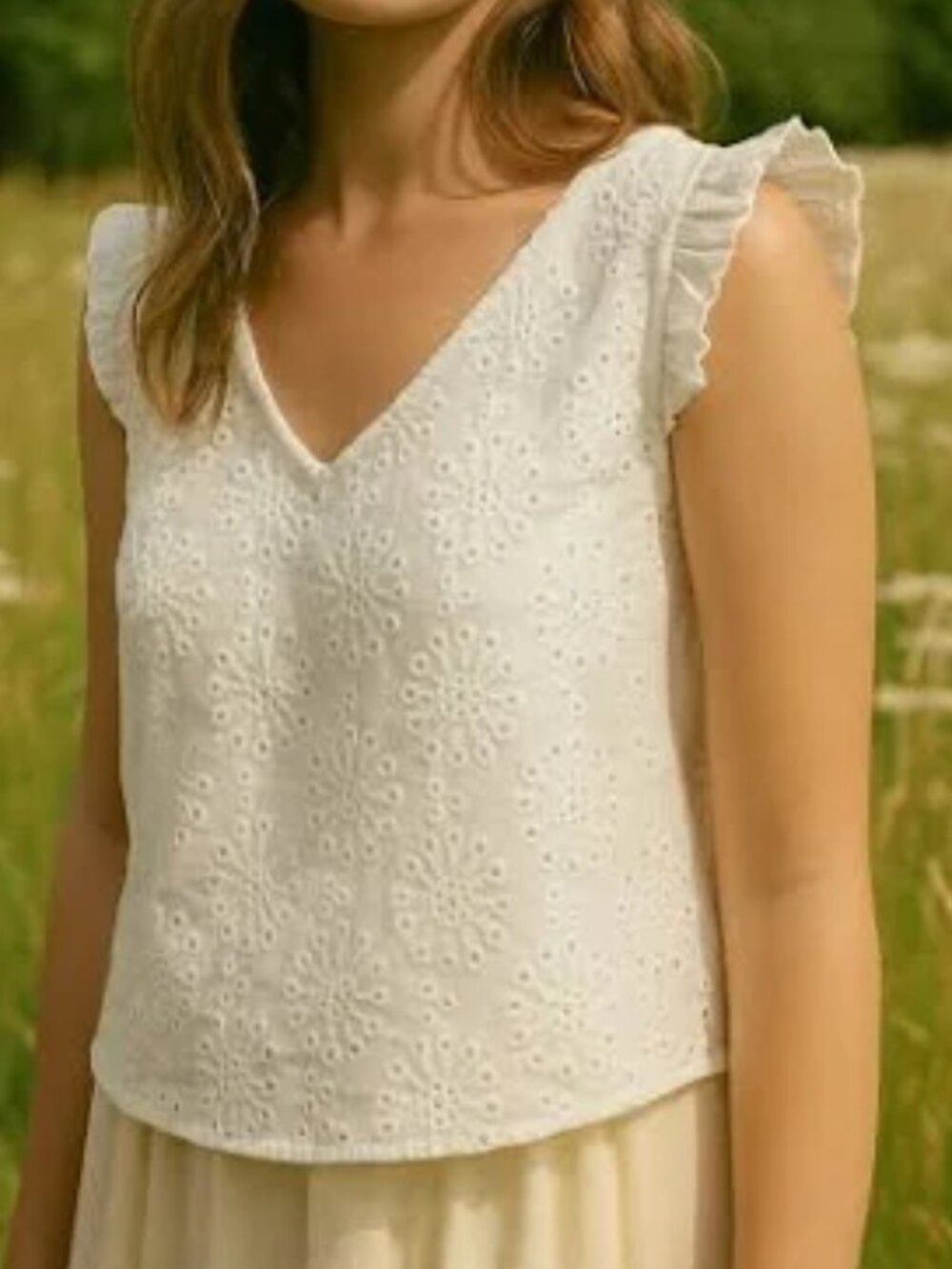 GRACE White Eyelet V-Neck Ruffle Sleeve Top L